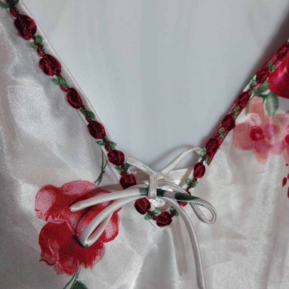 White Satin Cami L Red Rose Floral Front Tie Lingerie Style Fairycore Y2K - Picture 2 of 8